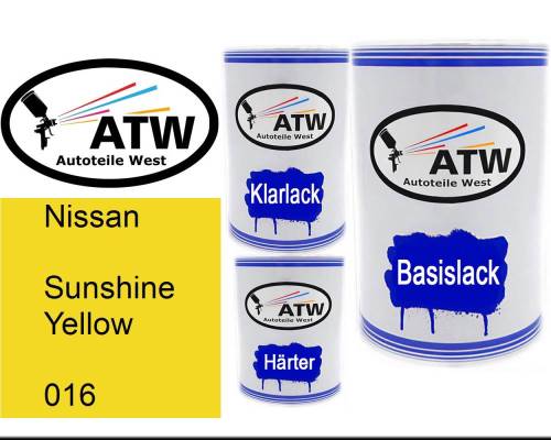 Nissan, Sunshine Yellow, 016: 500ml Lackdose + 500ml Klarlack + 250ml Härter - Set, von ATW Autoteile West.